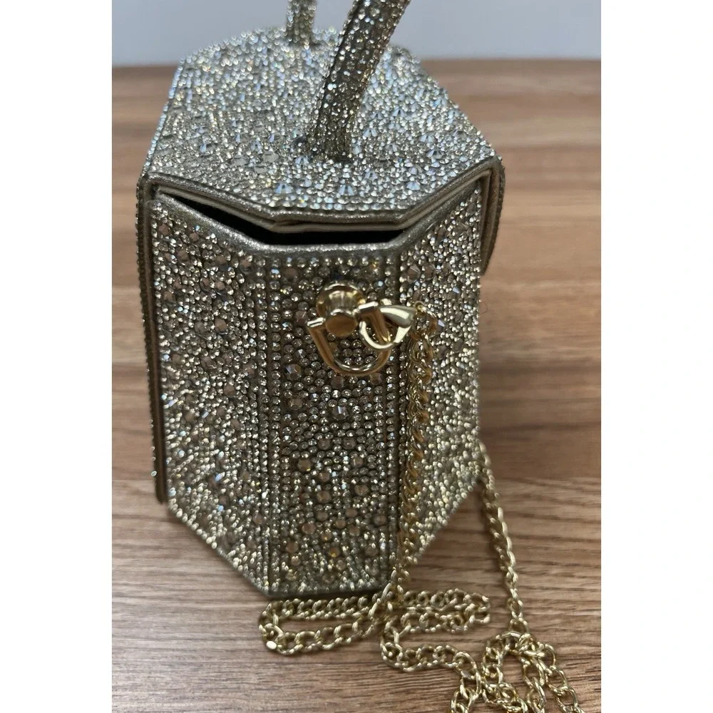 House of Harlow 1960 Champagne Rhinestone Evening Bag, Removable Strap NEW